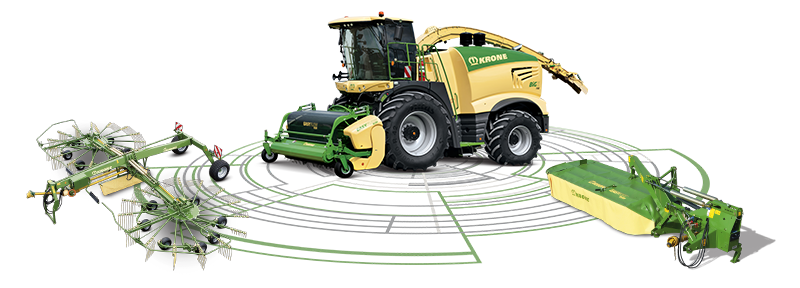 Krone hay and forage equipment, accessories within circular line art graphic.